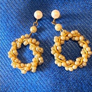 Vintage Pearl Cluster Twisted Hoop Gold-Tone Drop Earrings